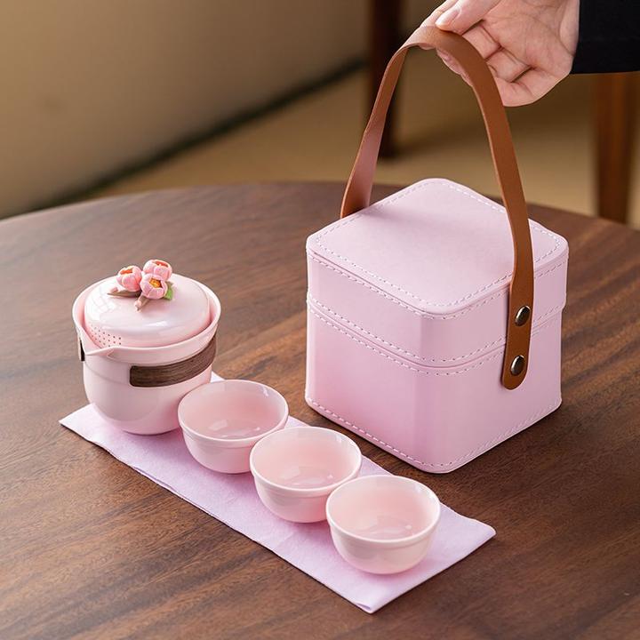 粉色手捏花旅行茶具套装旅游泡茶工具整套功夫茶具女生茶具便携包