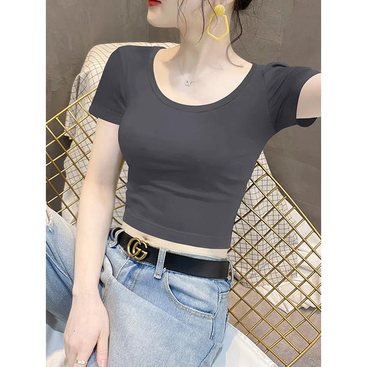 2024夏季新款圆领短袖T恤女修身设计感高腰露脐小众正肩黑色上衣