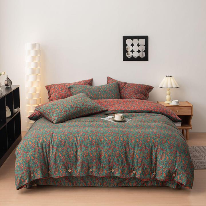 美式复古小碎花四件套水洗甄肤棉套件床上用品夹棉印花针织轻奢