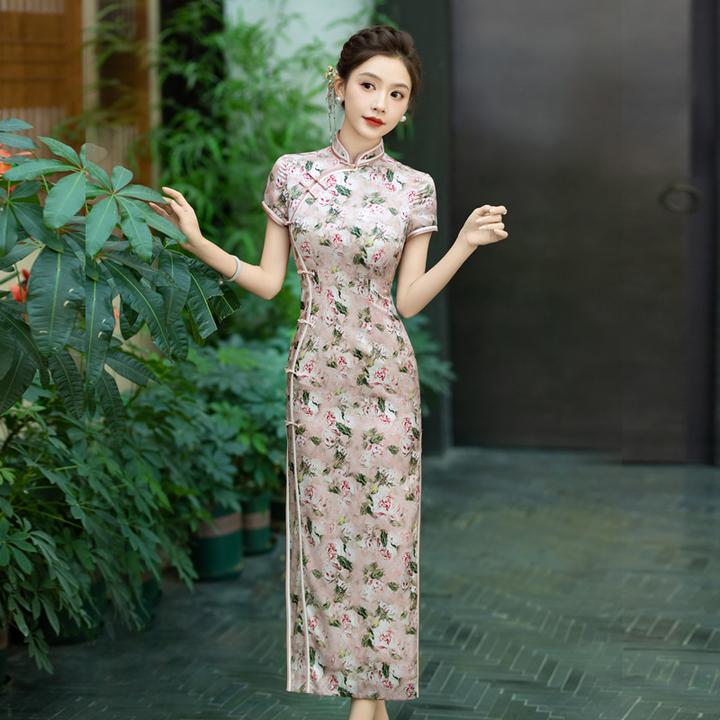A92-新款真丝旗袍2024年轻款高端气质减龄长款改良版桑蚕丝连衣裙