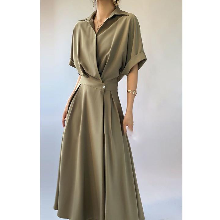 法式连衣裙2024夏季新款polo领设计感显瘦气质衬衫连衣裙女五分袖