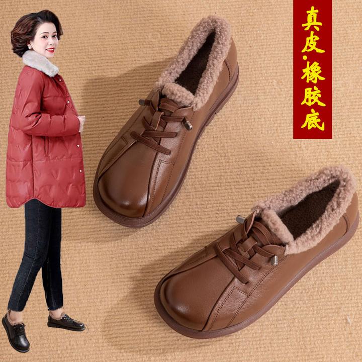 妈妈鞋子秋冬季加绒防滑真皮软底宽脚女单鞋舒适中老年皮鞋毛毛鞋