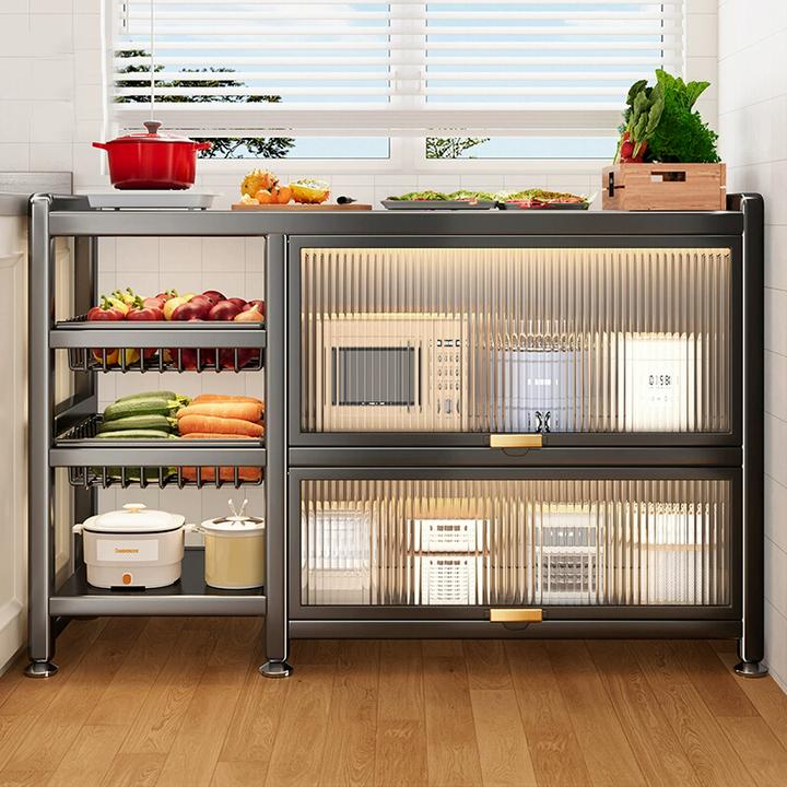 厨房置物架落地多层带门微波炉菜篮子收纳架餐边储物柜多功能橱柜