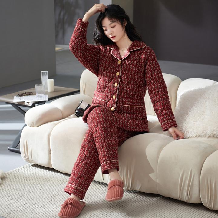 辉豹深红色睡衣女士50-60岁秋冬季加厚纯棉中老年妈妈家居服套装