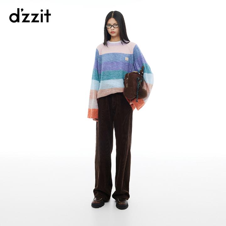 dzzit地素长袖针织衫多巴胺彩条薄款宽松上衣女3I4E460