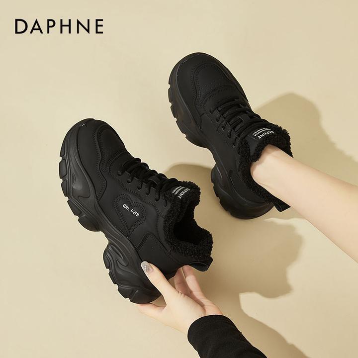 达芙妮老爹鞋女2024新款冬季加绒保暖休闲棉鞋黑色增高厚底旅游鞋