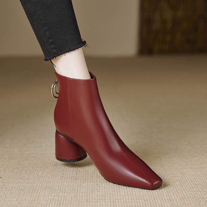 6cm高跟时装靴子女2024秋冬新款真皮百搭粗跟红色时装靴婚鞋