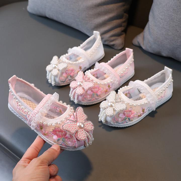 粉色女童夏季汉服鞋子古风公主绣花鞋宝宝软底古装凉鞋透气网纱鞋