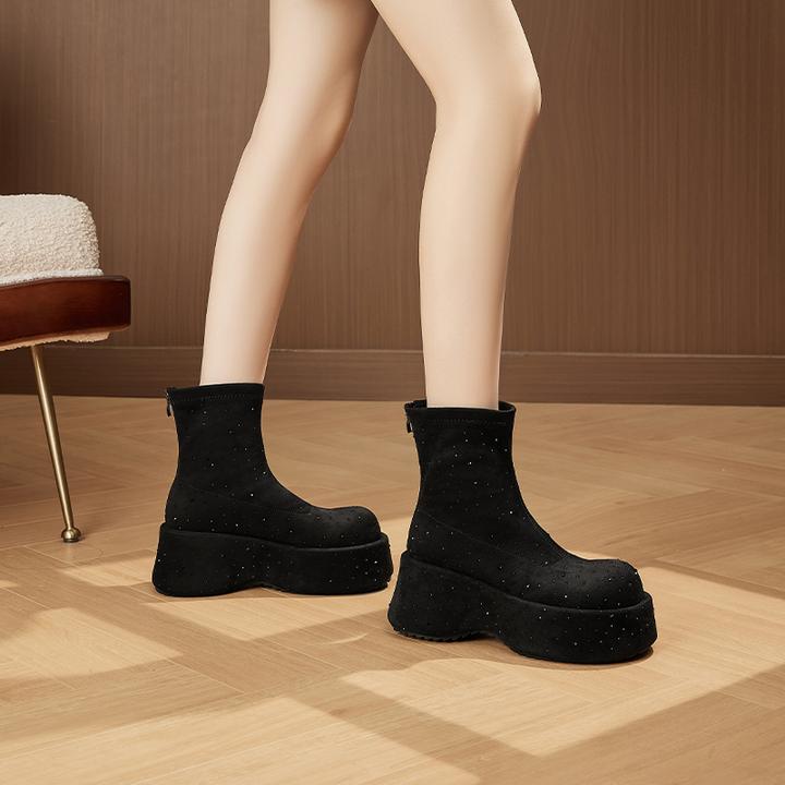 妙丽松糕厚底增高女鞋铆钉高级感短靴冬季黑色加厚加绒保暖瘦瘦靴