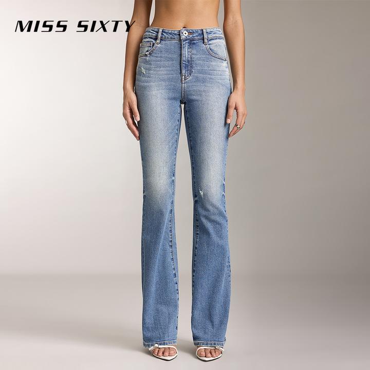 Miss Sixty新款牛仔裤复古显瘦微喇裤拖地裤长裤子百搭时髦流光风