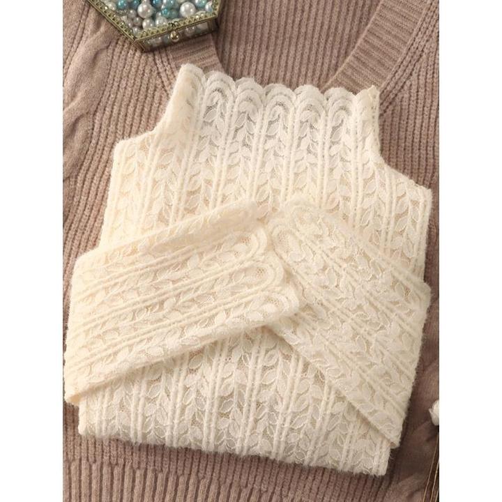 半高领磨毛蕾丝打底衫女加绒2023秋冬新款洋气内搭小衫网纱上衣女