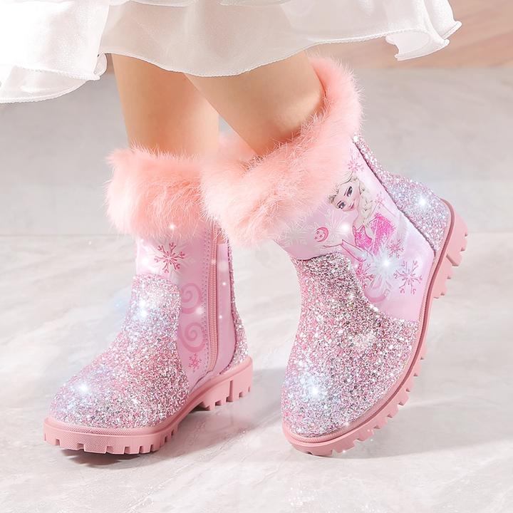 Maoergang/猫尔港冬季女童加绒保暖爱莎公主短靴儿童兔毛雪地靴子