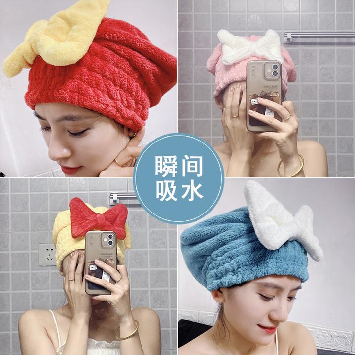巾织缘可爱萌萌大蝴蝶结免扣珊瑚绒吸水浴帽成人可爱网红干发帽