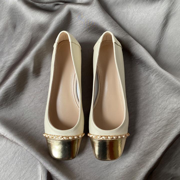 小香风拼色粗跟软底小皮鞋女2025新款复古真皮方头浅口低跟单鞋女