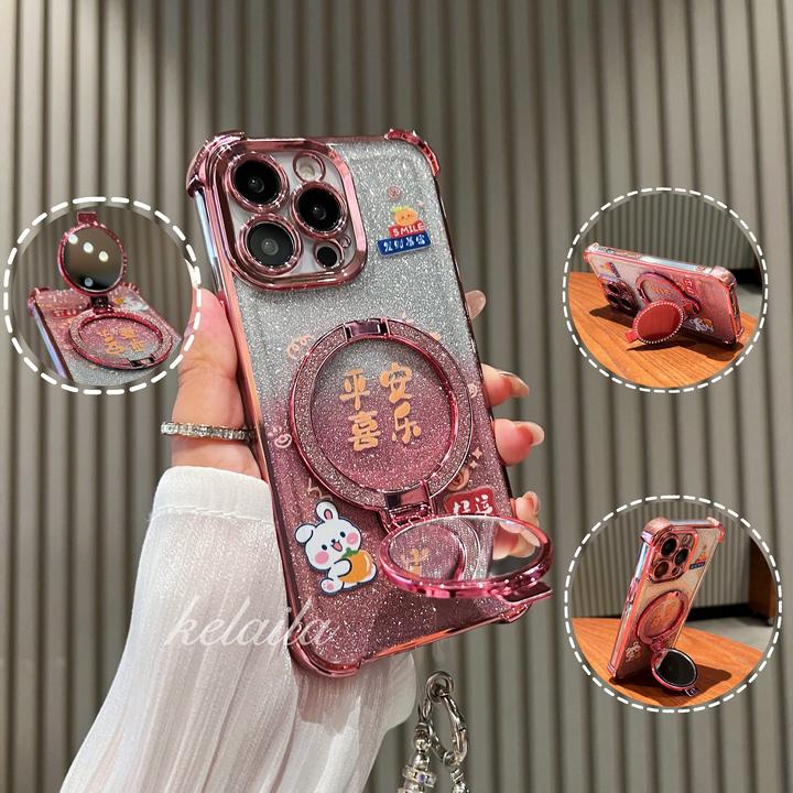 【电镀气囊平安喜乐补妆镜支架】适用苹果16华为VIVO荣耀OPPO手机壳