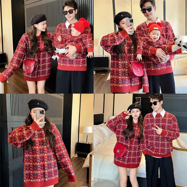 蛇年亲子装秋冬毛衣2024新款红色婴儿一家三口针织衫母女拜年服潮