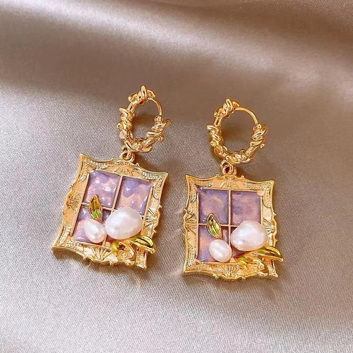 足银仿珍珠耳饰莫奈花园紫色油画风巴洛克耳环复古耳钉女轻奢高级