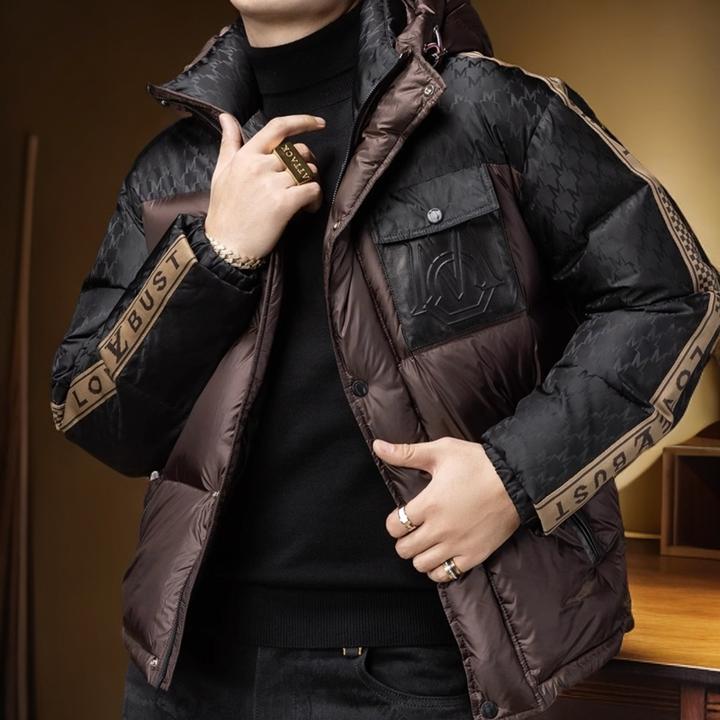 维比萨玻羽绒服男冬季新款潮牌字母暗纹撞色拼接皮口袋保暖外套