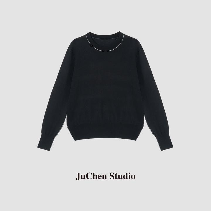 简约立体白线描边羊绒混纺圆领套头针织衫毛衣 FWJC011-56