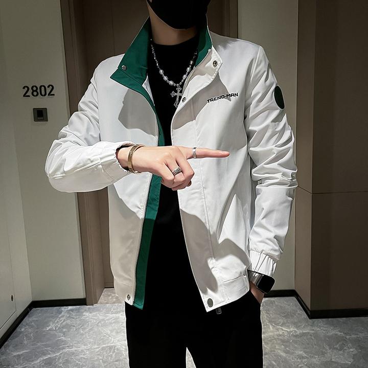 潮牌痞帅撞色夹克男韩版潮流修身男装2023新款春秋季休闲立领外套