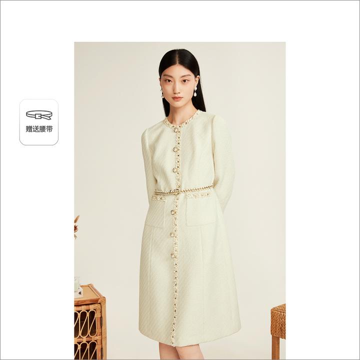 YINER音儿女装冬季气质收腰小香风长袖白优雅色连衣裙8C63505058