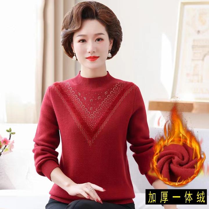 妈妈装冬装一体绒毛衣加大码中年妇女保暖衣中老年加绒加厚打底衫