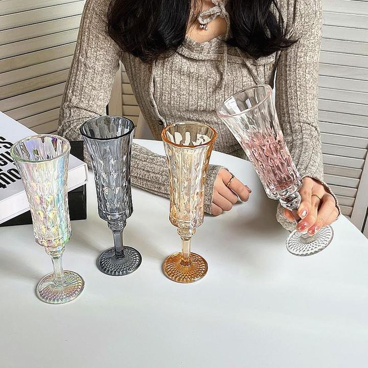 小众复古ins风钻石浮雕高脚杯高颜值玻璃杯香槟杯红酒杯甜酒杯子