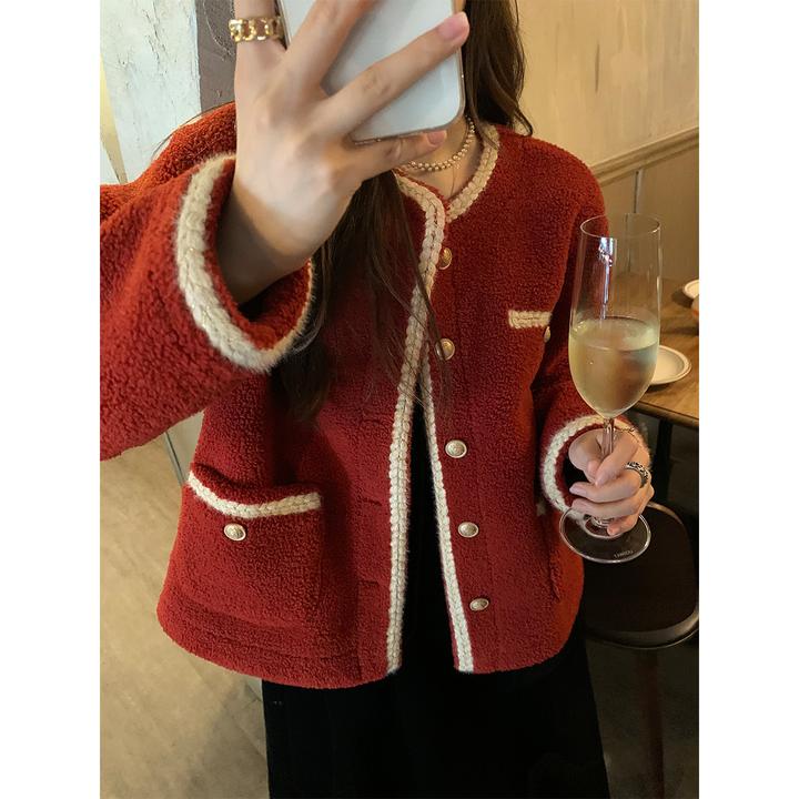 红色小香风外套女2024入秋新款编织圆领一体毛仿羊羔毛衣长袖上衣