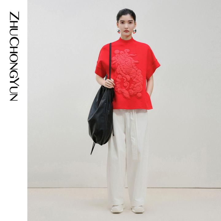 【新中式】ZHUCHONGYUN24春红色贴布绣东方花稿短袖上衣C1EG13757