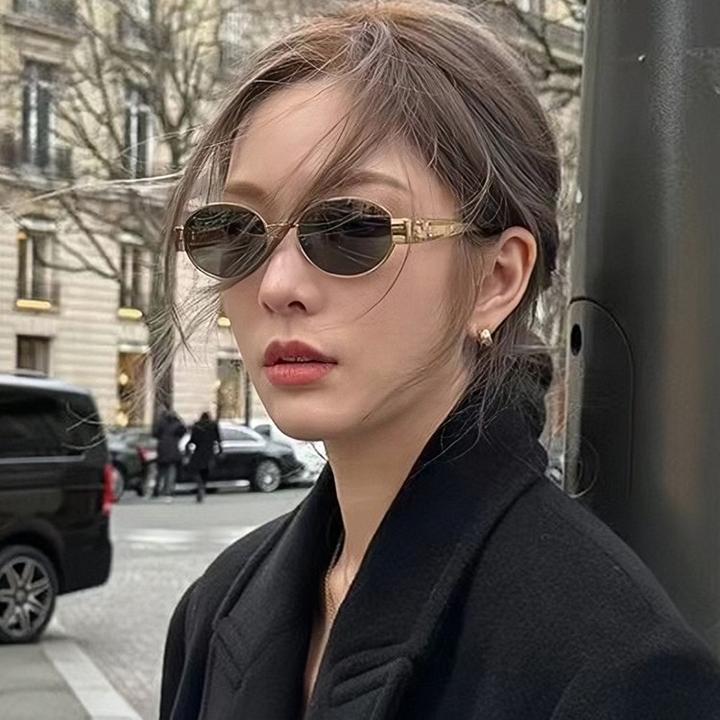 美式复古椭圆防晒墨镜女款老钱风金属框防紫外线太阳眼镜可配度数
