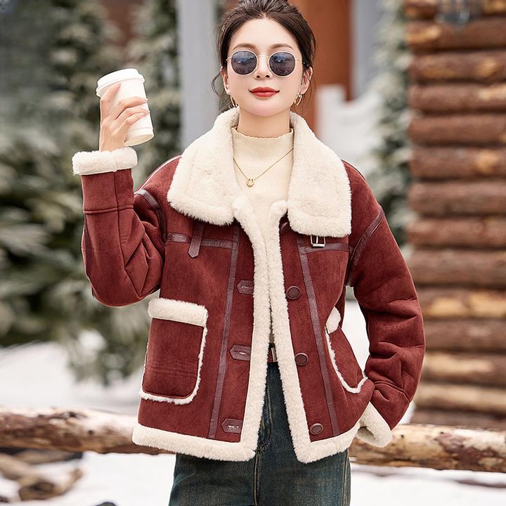 鹿皮绒皮毛一体羊羔毛外套女2024冬季新款小个子加厚休闲机车棉服
