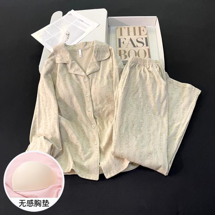 睡衣女春秋季长袖大码纯棉保暖带胸垫可外穿高级感浅灰套装家居服