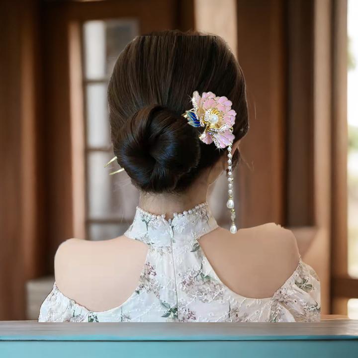 复古牡丹花流苏发簪高雅后脑勺发钗新款盘发器优雅簪子爆款发饰簪