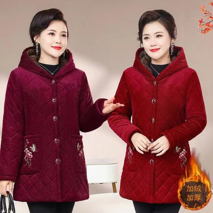 中老年女装外套中年常规款加绒棉衣秋冬中长款大码棉服纽扣保暖