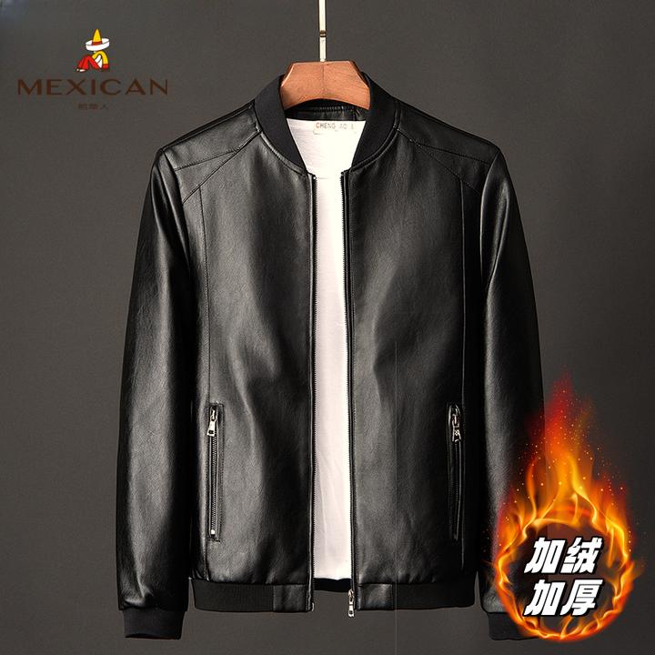 Mexican/稻草人男士休闲薄款皮衣夹克春秋帅气潮流立领修身皮衣