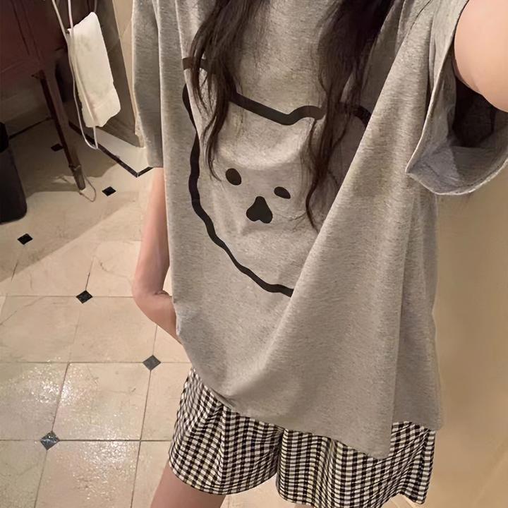 睡衣女夏季冰丝莫代尔短袖格子短裤带胸垫小众家居服套装女士