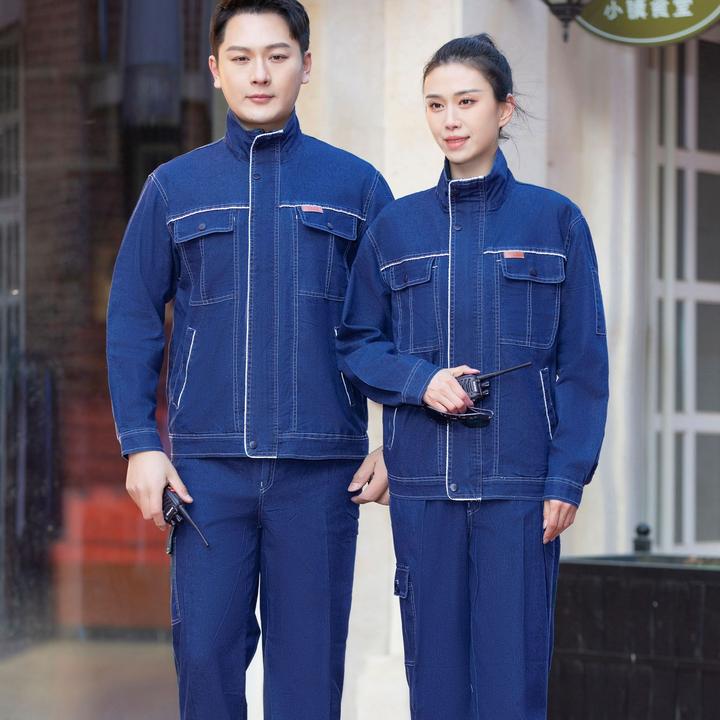 立领夏季薄款牛仔套装男防烫耐磨长袖耐脏汽修车间工地工作服