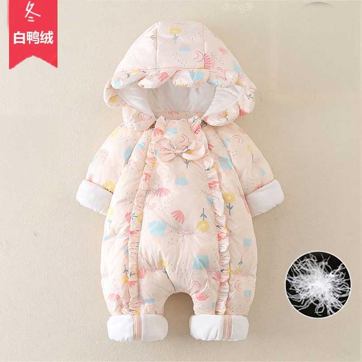 超萌婴儿连体衣冬季厚款宝宝连帽90羽绒服0-1岁外出公主衣服冬装