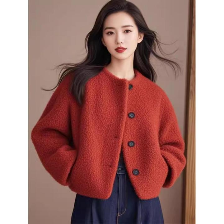 MK&DK冬季高端气质别致独特上衣高级超好看安可拉红色外套宽松