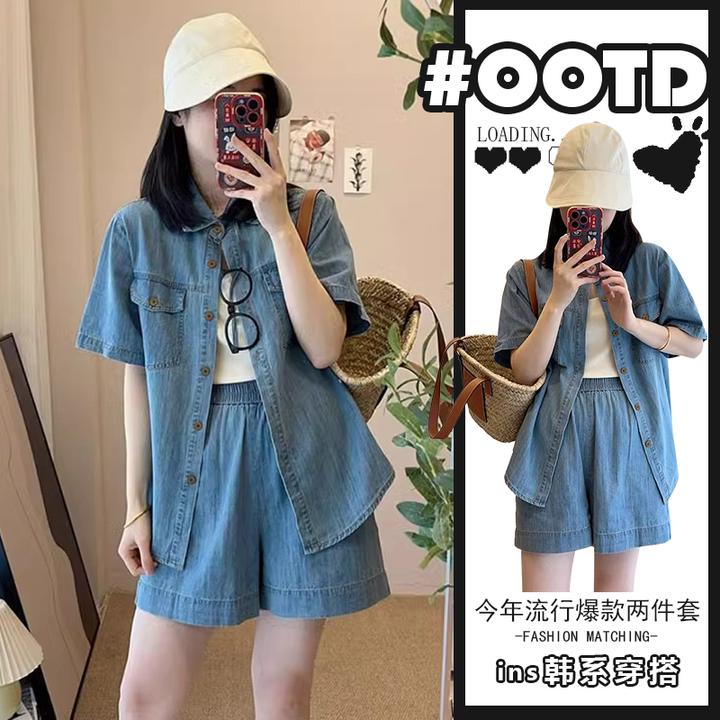夏季御姐休闲风牛仔套装女2024新款POLO领衬衫搭松紧腰短裤两件套