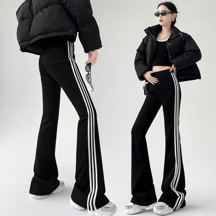 黑色微喇休闲运动裤女高腰辣妹三条杠显瘦修身卫裤马蹄拖地喇叭裤