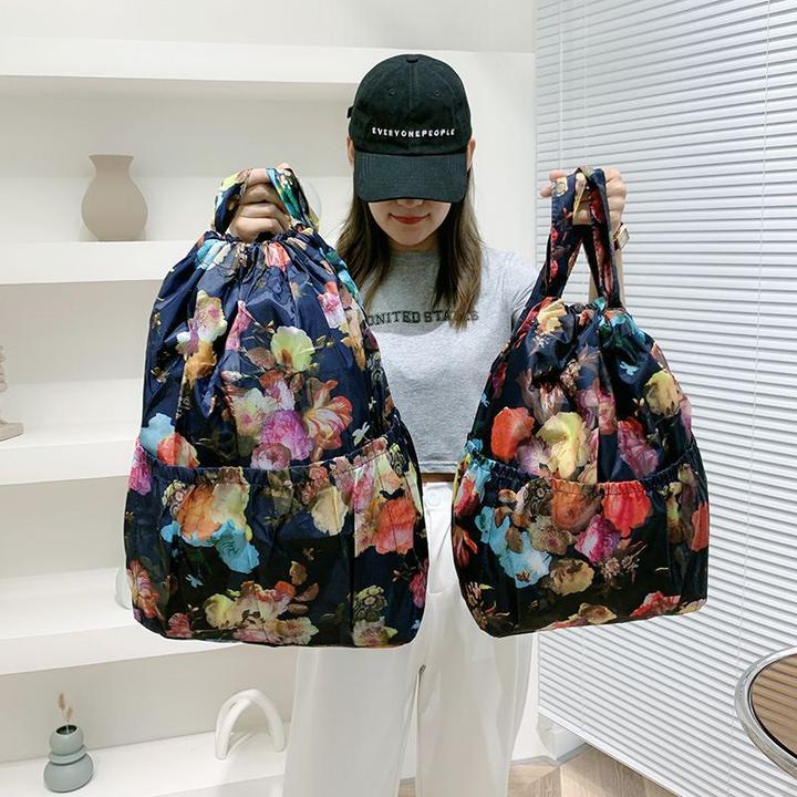 新款束口袋抽绳大容量双肩包女式折叠便携购物袋户外轻便旅行包包