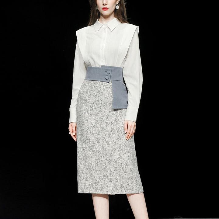 DF-达菲时尚设计感长袖OL白色衬衣不对称腰封提花半裙套装Q24211