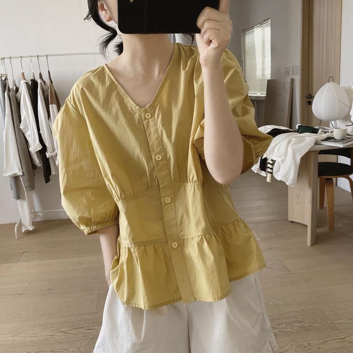 纯棉泡泡袖衬衫女夏新款宽松显瘦v领韩版褶皱小众设计感短袖上衣