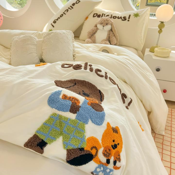 卡通风超柔四件套非全棉纯棉2025新款毛巾绣被套床笠学生宿舍床单