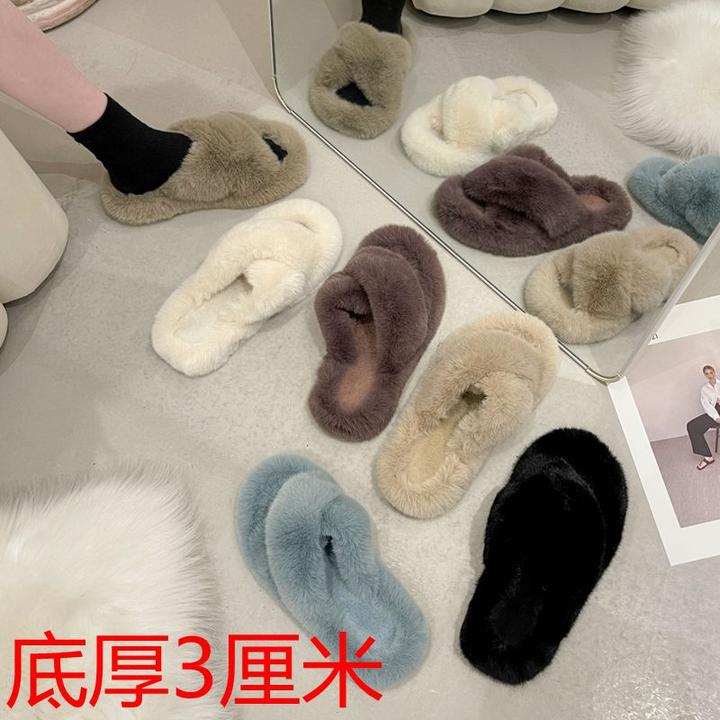 毛毛拖鞋女秋冬新款平底防滑一字拖鞋时尚外穿厚底网红棉半拖鞋女