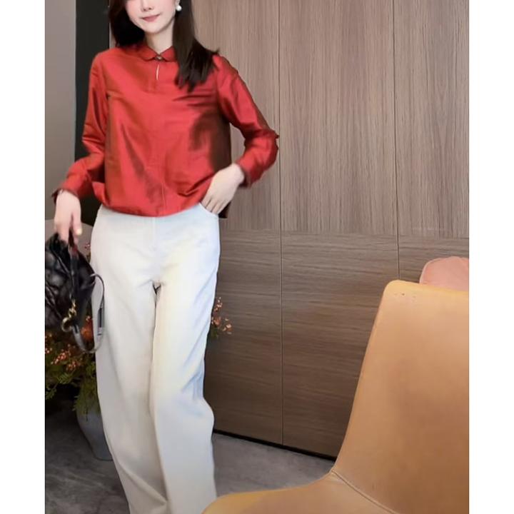 新中式国风女装盘扣上衣2024秋冬新款高级感复古红色百搭打底衬衫