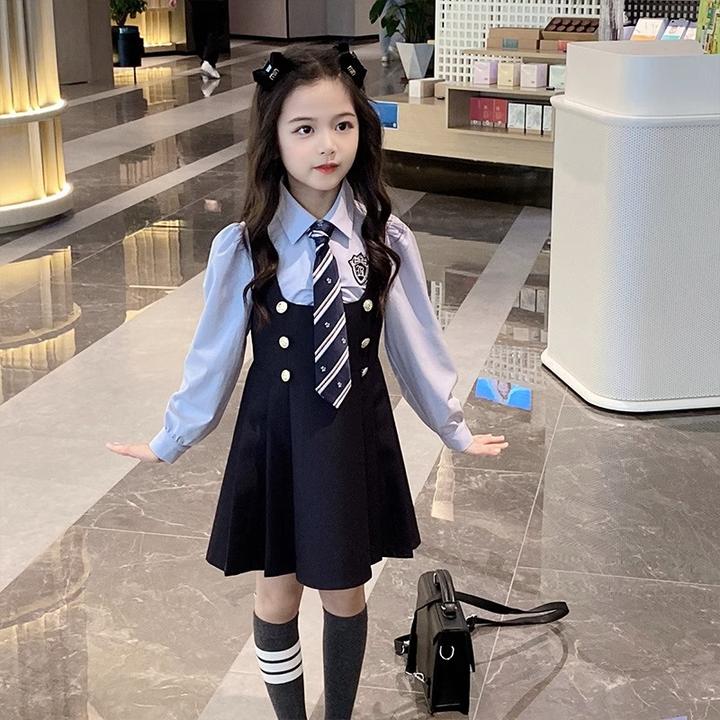 女童jk套装春秋季2024新款洋气时髦学院风儿童背带裙子衬衫两件套
