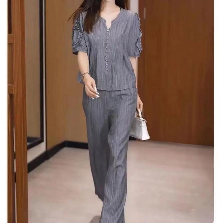 2024夏季新款纯色两件套时尚显瘦洋气阔腿裤套装8615衣53裤100