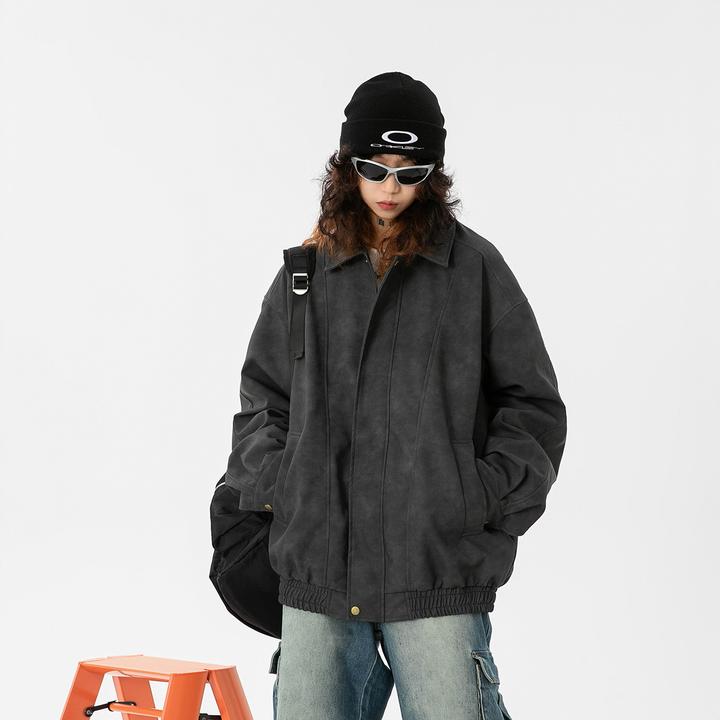 Jaaniste秋季复古外套潮流磨砂皮夹克男女宽松潮牌机车服情侣上衣
